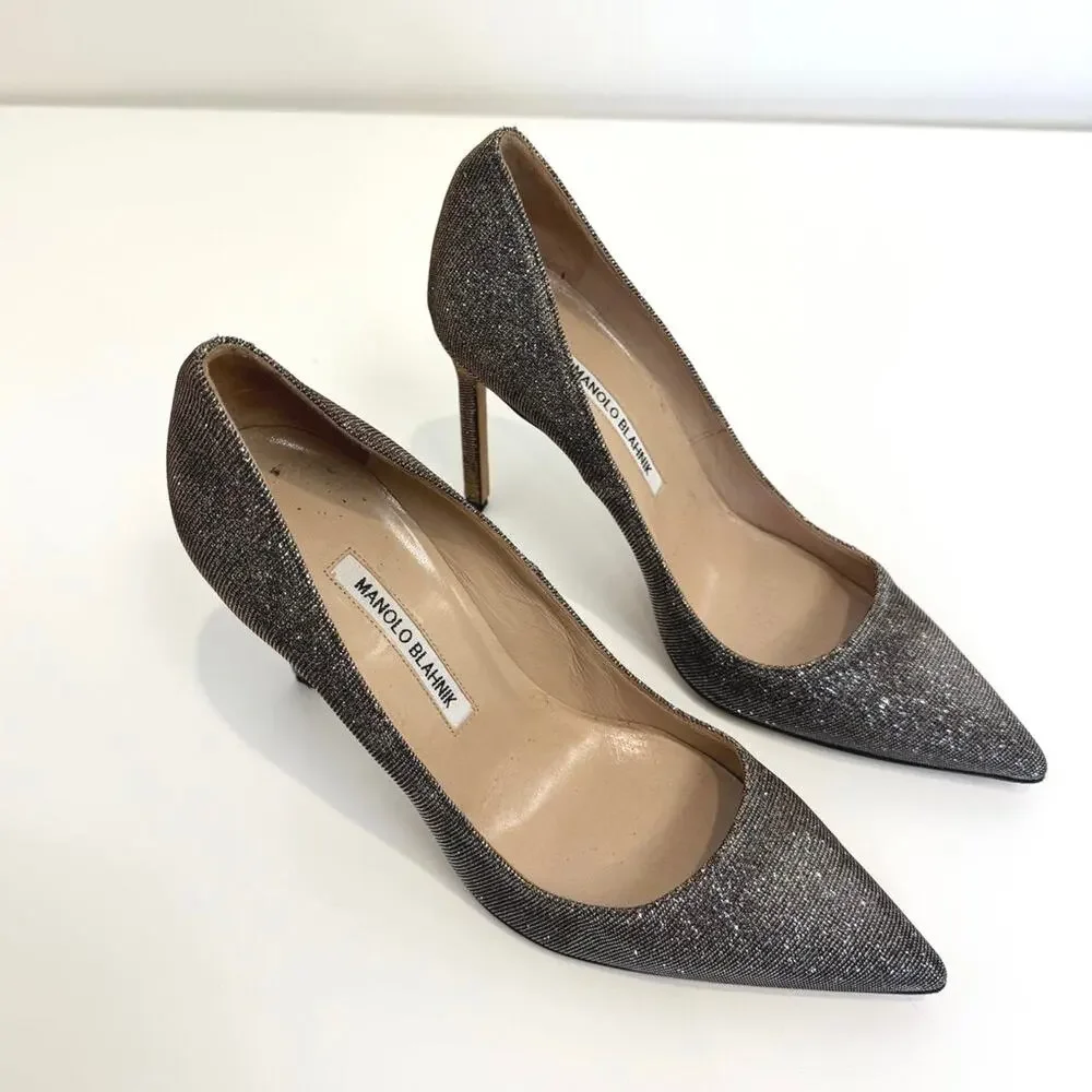 Manolo Blahnik BB 105 Nott Gold Glitter Pumps 39 Metallic Gray Point Toe Heels